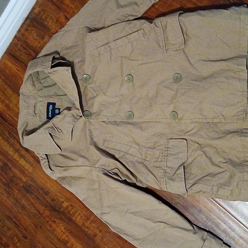 St Johns Bay Man's Jacket Large Tan Doublebreasted Peacoat / Short Trench Coat